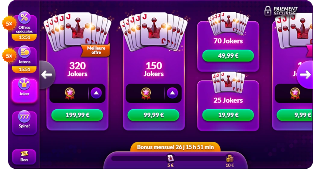 Achat de jokers sur Nova Jackpot : packs de 25 à 320 jokers dès 9,99 €
