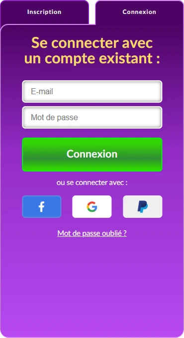 Formulaire de connexion avec email, mot de passe ou via Facebook, Google, PayPal