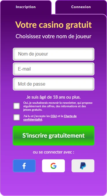Formulaire d’inscription gratuite au casino avec options Facebook, Google, PayPal